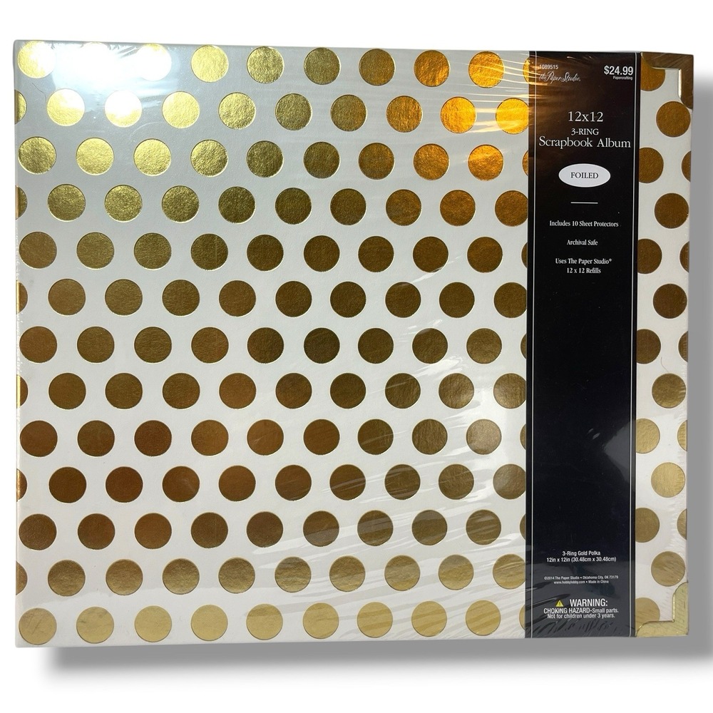 The Paper Studio 12"x12" Gold Polkadot 3 Ring Scrapbook Album 10 Sheets Inc NEW